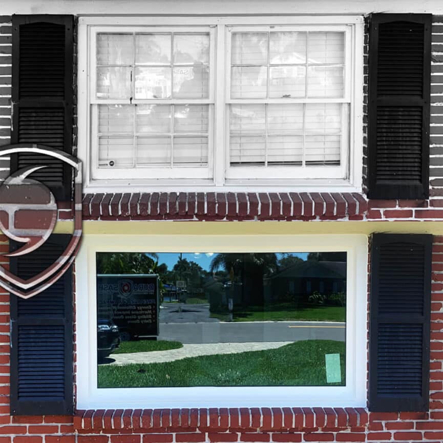 Tampa window replacement before and after of old single-pane sinle-hung windows, professionally replaced by DuraSash Windows Installation Experts. The after photo shows DuraSash Tampa window craftsmanship with a professional caulking job on PGT hurricane impact energy efficient 5500 picture fixed window series.